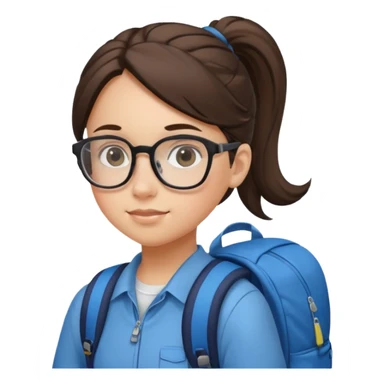 student brunet kid girl, ponytail wearing glasses with backpack sticker