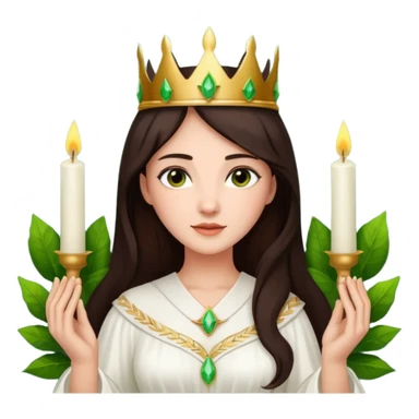  saint lucia with dark brown hair with a white gown and a crown made from greenery with candles on the crown sticker