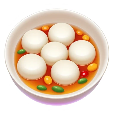 Sweet rice balls Tangyuan in syrup with colorful fillings, simplified emoji style with bold outlines and bright colors, cartoon style traditional Chinese dessert sticker