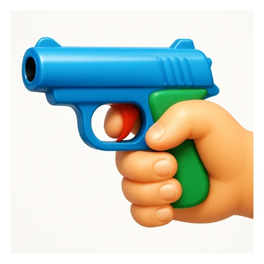 A 3D iOS emoji-style close-up of an index finger pulling a pistol's trigger, showing only the hand and the trigger area inside the trigger guard; stylized, non-realistic colour toy-pistol look, glossy Apple-style finish, clean white background.

 sticker