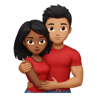 generate a pretty tan bratz boy hugging a fair black haired gf. The guy has black messy hair, lean but muscled and wearing a red tshirt sticker