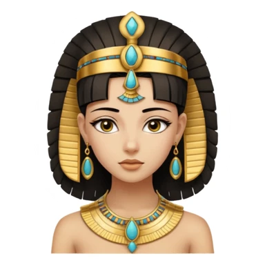 An emoji portrait of a young ancient Egyptian princess. She wears a broad gold collar necklace and a detailed nemes headdress. Her expression is serene and poised. sticker