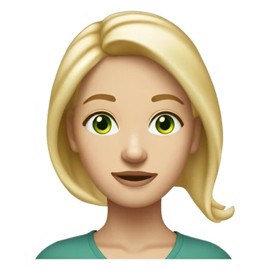 A tall slim mid length blonde haired woman with a central parting with bluey green eyes, a freckle on the right cheek and quite a round face sticker