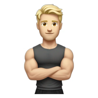 Full height Pale skinned fit man With the biceps and blonde hair In dark gray sleeveless mike, black oversize sports shorts, watch and white sneakers. his arms crossed over his chest sticker
