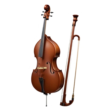 Create an elegant and detailed emoji representing a Gliga Gama double bass with bow. The design should showcase the large, sleek body of the double bass with its rich wood finish, including the characteristic curves and deep tone holes. The bow should be elegantly positioned next to the instrument, highlighting the hair and smooth wooden stick. Use warm wood tones like chestnut brown for the body of the bass, silver accents for the fittings, and dark brown for the bow. Add subtle musical notes or sound waves flowing from the bass to represent its deep, resonant sound. The background should be transparent. sticker