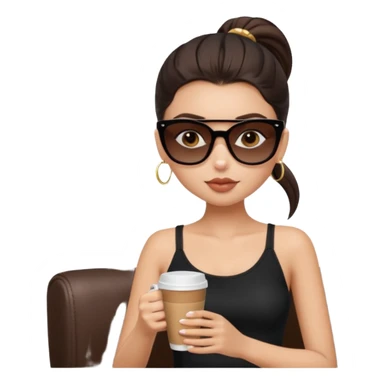 generate a pretty fair bratz girl with dark brown eyes, dark brown eyes tied into a slick back ponytail, thin brown sunglasses. Wearing a black cami top and drinking coffee, high cheekbones sticker