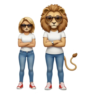 friendly anthropomorphised female lion, full body, standing confidently with legs shoulder width apart, arms folded, wearing jeans, white t-shirt, dark sunglasses, trainers, determined expression sticker