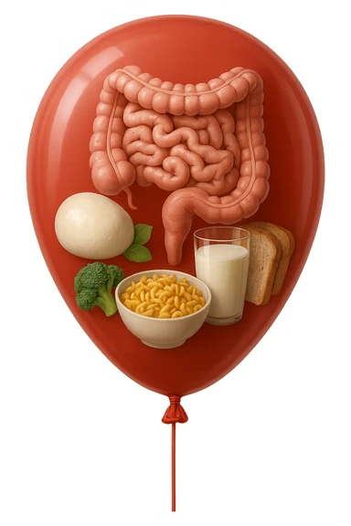 PALLONCINO ROSSO CON DENTRO UN INTESTINO UMANO, UNA MOZZARELLA, UN BICCHIERE DI LATTE, UNA BOWL DI PASTA, QUALCHE BROCCOLO, QUALCHE FETTINA DI PANE sticker