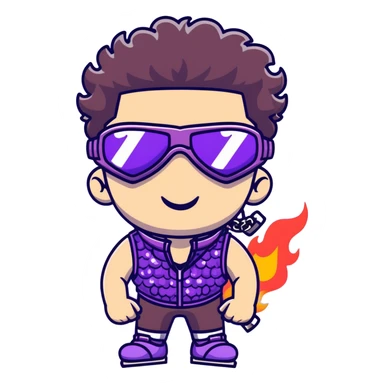 close-up of cool guy male athlete with white skin and moderately curly dark brown hair on top with shaved sides, with one purple ski goggle lens pushed up above his eyes on his forehead, sticking his tongue out of his mouth, a simple plain black chain necklace, and a completely unzipped sleeveless vest with purple and black sequin fire pattern design with no logo sticker