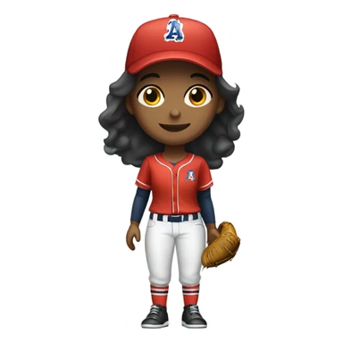 A girl who wearing baseball uniform and ballcap sticker