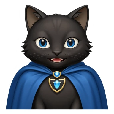 an all black anthropomorphic cat with blue eyes wears an all black cape and is smiling a mischievous sharp tooth grin sticker