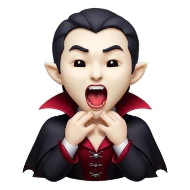 Cinematic Cute Yawning Vampire Portrait Emoji, with a small, rounded, charming pale face accented with tiny playful fangs and droopy, half-closed eyes, head tilted in an adorable wide yawn, dressed in miniature elegant dark attire with a hint of crimson, simplified yet irresistibly endearing, highly detailed with a soft, mysterious glow and gentle outline that captures the cute, drowsy side of an immortal! sticker