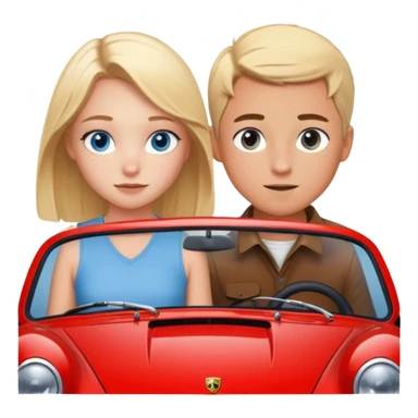 crea un emoji que sea una pareja, una chica rubia con pecas en la cara & los ojos azules & un chico con el pelo negro lindo con ojos cafés que haya un porsche rojo  sticker