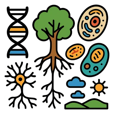 A realistic biological illustration (like in a school book) showing: DNA strands transitioning into a tree, cells with visible organelles, neurons connected to plant roots  and a balanced ecosystem background . Seamless integration, no labels or borders, complete white background (not off white!), detailed but minimalist.  sticker
