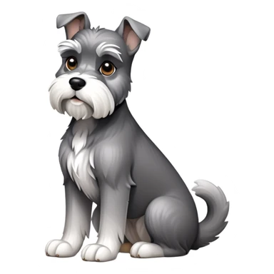 cinematic-[schnauzer]-realistic-full-body-sitting-emoji,-tail-resting-loosely-beside-its-paws,white eyes-head-tilted-dramatically, -sleek-[grey]-fur,-simplified-yet-realistic-focused-features,-highly-detailed,-glowing-with-an-almost-sarcastic-glow sticker