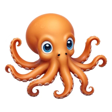 Cinematic Cute Octopus Portrait Emoji, Head tilted playfully and inquisitively, featuring a rounded, light orange body embellished with playful blue rings, eight adorably curling arms, and big, twinkling eyes full of wonder, Simplified yet irresistibly adorable features, highly detailed, glowing with a warm, inviting underwater glow, high shine, affectionate and lively, stylized with a touch of whimsical cartoon charm, soft glowing outline, capturing the essence of a mischievous yet loving octopus that seems as if it could bob out of the screen into your arms! sticker