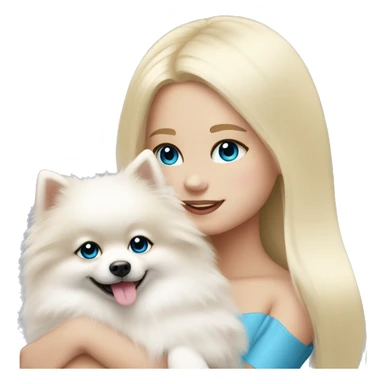Blond girl white skin blue eyes hugging white Pomeranian with light pink bow sticker