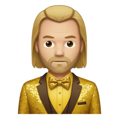 Tyler Mane with long dark blonde hair, yellow shirt, brown sequin suit with bow tie sticker