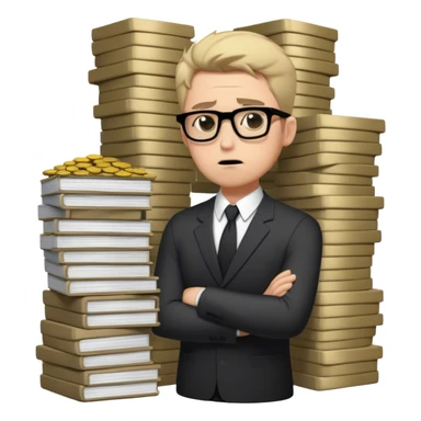 Create an emoji-style character of a sad business owner with black rectangular glasses and a light stubble (afternoon shadow beard, not a full beard). He looks frustrated and disappointed as he hands over a massive stack of work (papers, laptop, or files) in exchange for a tiny coin. His posture is slouched, and his facial expression conveys exhaustion and regret. The style should be simple, expressive, and instantly recognizable as an emoji. sticker