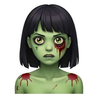 Um zumbi feminino, com cabelo preto e franja, machucados pelo rosto e torso, fundo escuro destacando o rosto com sombras pele verde sticker