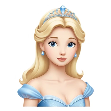 Cinematic Elegant Cinderella Portrait Emoji, rendered in a beautifully detailed, vector-style with minimal shading and bold, simplified shapes. Depict Cinderella in her classic ball gown (chest and above) with fair, porcelain skin and elegantly styled blonde hair, her eyes soft and kind, and her expression serene and graceful. The design glows with a gentle, enchanting radiance and high shine, capturing the timeless beauty of a fairy tale princess. sticker