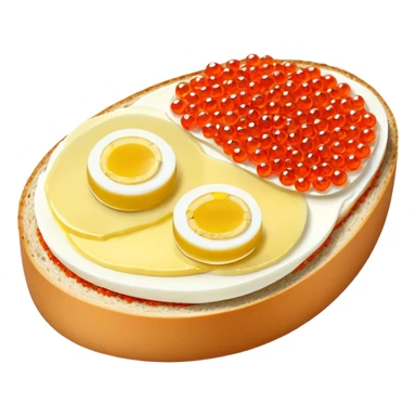 open sandwich with butter, boiled half egg, slice of lemon, red caviar sticker