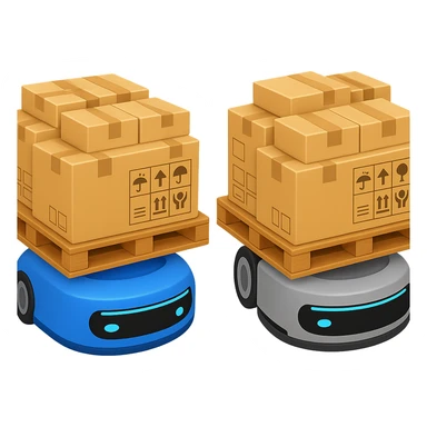 Two Automated Guided Vehicles (AGVs) side by side, top view, each carrying fully loaded pallets with many boxes. The AGVs should have different colors, for example blue and gray. The style should resemble Apple emoji style with a transparent background. sticker