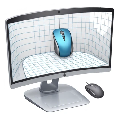 Create an emoji for 3D visualization and modeling. Show a 3D object like room model with grid lines on a big curved monitor. Add a modeling tool a mouse and stylus. Use modern, professional colors. Do not include any emojis or smiley faces. Make the background transparent. sticker