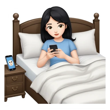 Girl scrolling on phone in bed with black hair one phone sticker