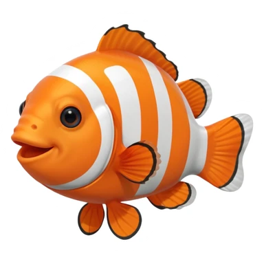 Full body of a clownfish with bright orange and white striped body, small fins, rounded tail, big black eyes, smiling expression, cartoon style, floating in water, front-facing sticker