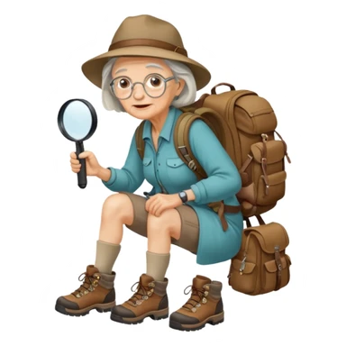 scout old woman backpack and magnifying glass, voyarer sticker