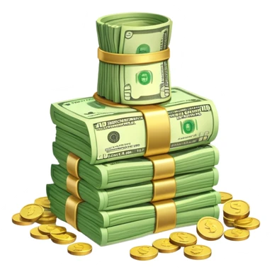 
"Create a digital illustration of a 'Starter Bundle' for an Emoji AI. The bundle should include representations of 'Little Money' and 'Coins.' The 'Little Money' should feature a small stack of bills with a few scattered coins sticker