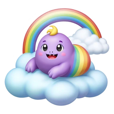 3D, Kawaii derpy fat rainbow monster laying on a magic rainbow cloud, rich textures, visually detailed, so lifelike that it feels like it could leap off the page at any moment sticker