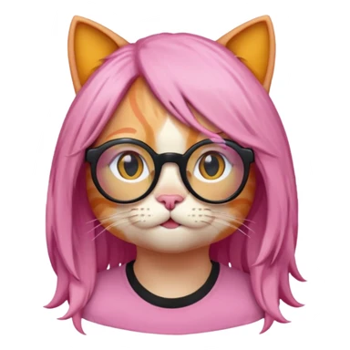 Orange Yellow cat wearing a long pink hair wig, black circle glasses, white T-shirt sticker