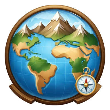 An icon featuring a globe, a compass, and a map, symbolizing geography. The design includes mountain ranges, rivers, and continents, representing the study of Earth’s landscapes and environments. Transparent background highlights the exploration and understanding of the world’s geography. sticker