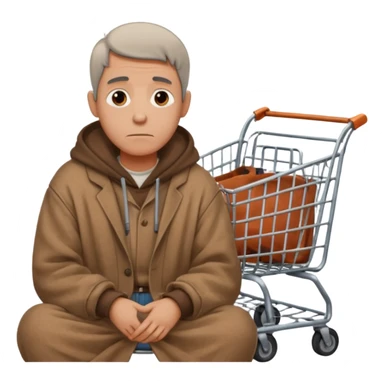 A man in oversized old clothes sat next to a shopping cart half body, looking around with gentle, hopeful eyes. sticker