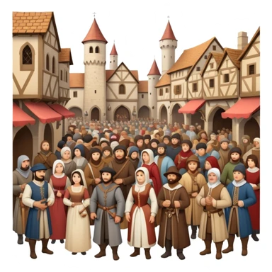 Medieval town crowd scene with many people together, mix of wealthy merchants and common townspeople gathered in a marketplace sticker