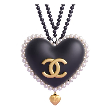 Add a string of pearls around the heart, keep the gold Chanel logo, elegant, glossy, black and white, 3D emoji style, with no background sticker