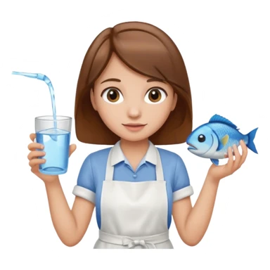 A girl with brown hair wearing an apron and holding a fish and a cup of water in another hand sticker
