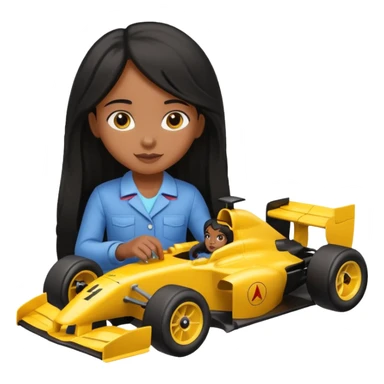  long black haired black girl kid playing yellow colored formula 1 car toy sticker