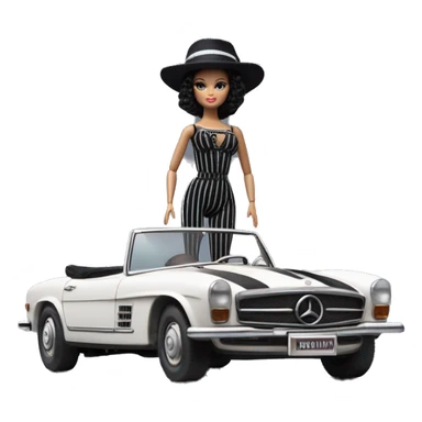 Bouclé Beauty Lingerie Barbie, 1965 Wednesday Addams from academy, in dark-gray and black striped outfit with hat. Driving 1978 Mercedes convertible sports car  sticker