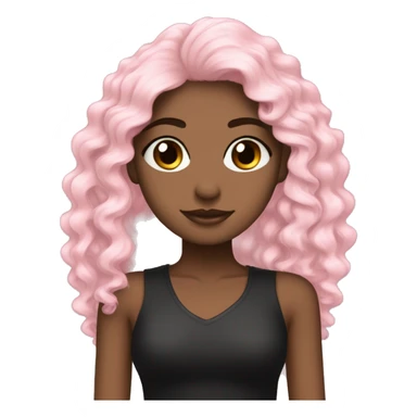 cabelo longo preto enrolado, menina pele bege, olhos pretos, roupa rosa claro. sticker