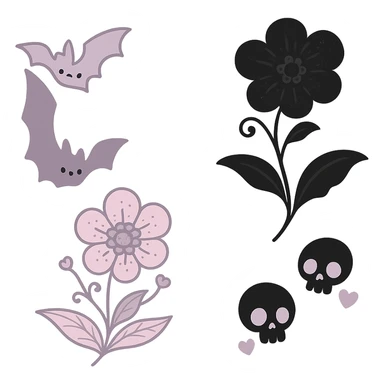 Remove the background and any text from this goth banner, keep it cute, expressive, minimal, in the style of imagen-4-fast-KaUtLiSA10F, with a transparent background. sticker