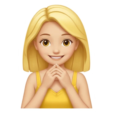 yellow smiling face girl with both hands flat under chin fingers touching sticker