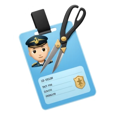 Floating black Scissors cutting in half a light blue idf soldier ID card with golden chip in 2 parts .hyper realistic sticker