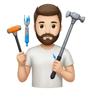  guy who looks very handsome, he has a beard, wears a white tee shirt with drops of paint on it and holds a black screwdriver in one hand and a black hammer in the other  sticker