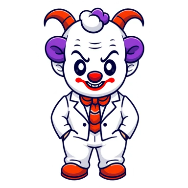 full-body demonic clown in a white leisure suit with bellbottom pants, bald, with black ram horns, wearing elevator shoes, cartoon sticker style sticker