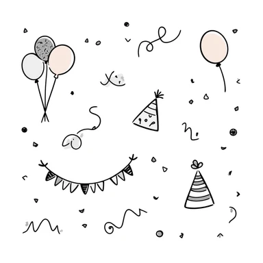 Festive party decorations including balloons, streamers, confetti, party hats, and bunting flags. Using specific pastel colors (dd9fb0, ffc6d3, a3bfc9, c4bee2, f1b091). Hand-drawn doodle style with playful, celebratory elements arranged in a decorative composition. Transparent background. sticker