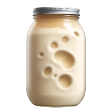 Bubbly Sourdough starter in a jar slightly overflowing down the side sticker