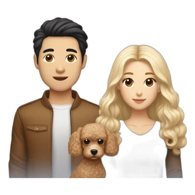 A couple consisting of asian korean man with black eyes and black hair and white girl with long straight blonde hair and brown eyes with brown toy poodle sticker